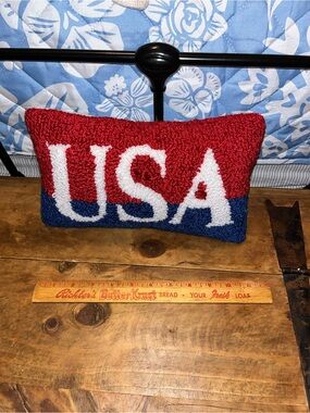 Patriotic USA Hooked Pillow - Red, White & Blue